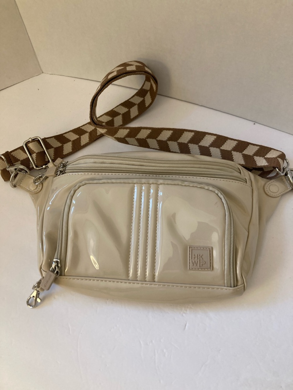 Inkwip Anti-theft Cream Patent Crossbody Belt Bag with Patterned Strap